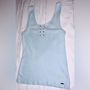 Hollister Co. Baby Blue & White Striped Tank Top with Lace Up Details Size Large